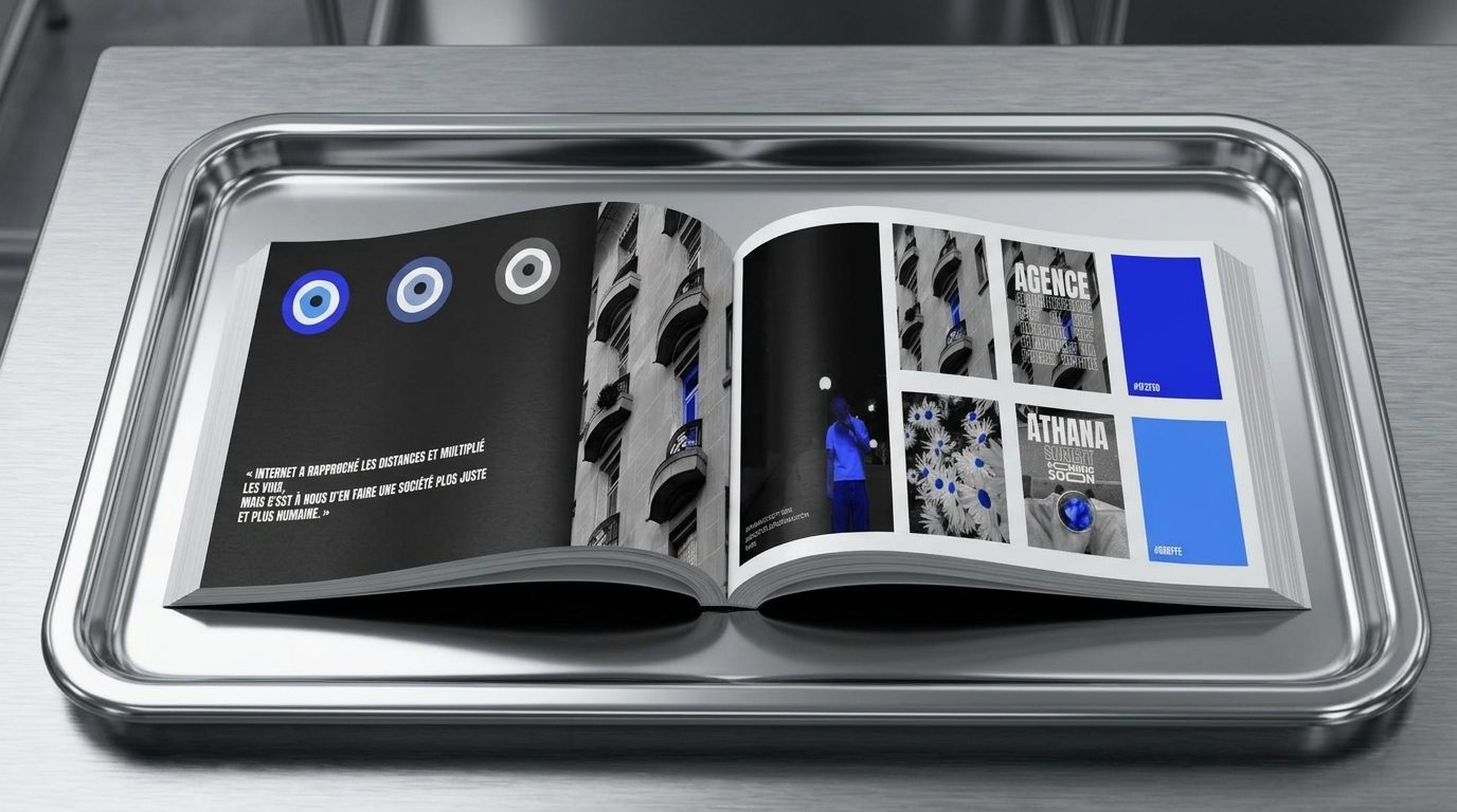 Mockup d'un livre de marque Athana Society présentant l'identité visuelle client